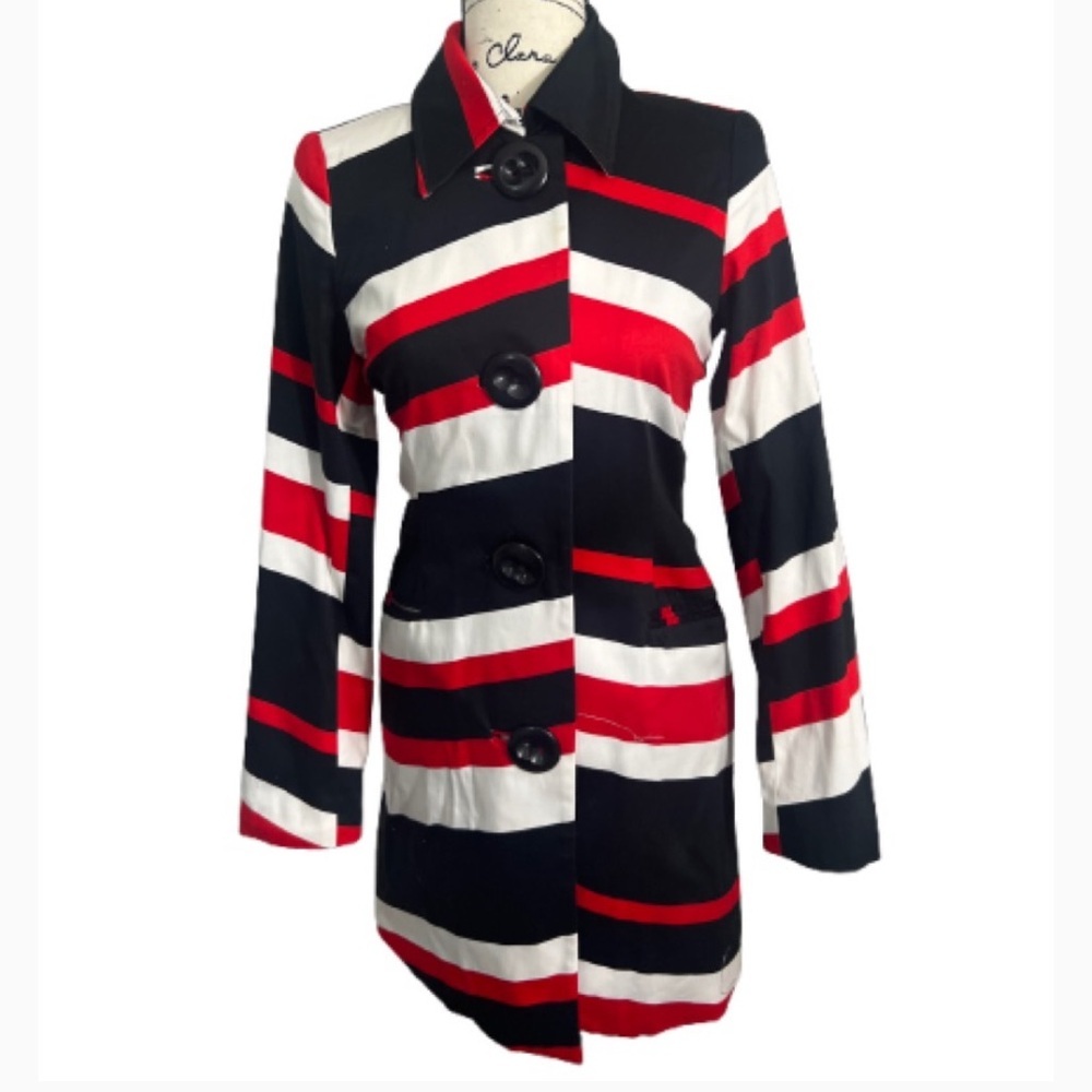 Penta Jacket Striped Black,‎ Red,  White Women's midi Coat Pockets Size 4 Small